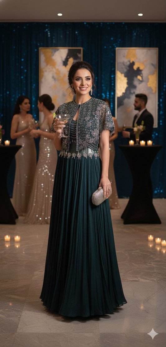 Bottle green long maxi gown with cape