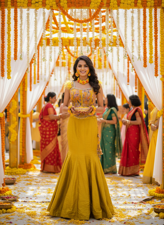 Yellow fishcut lehenga set