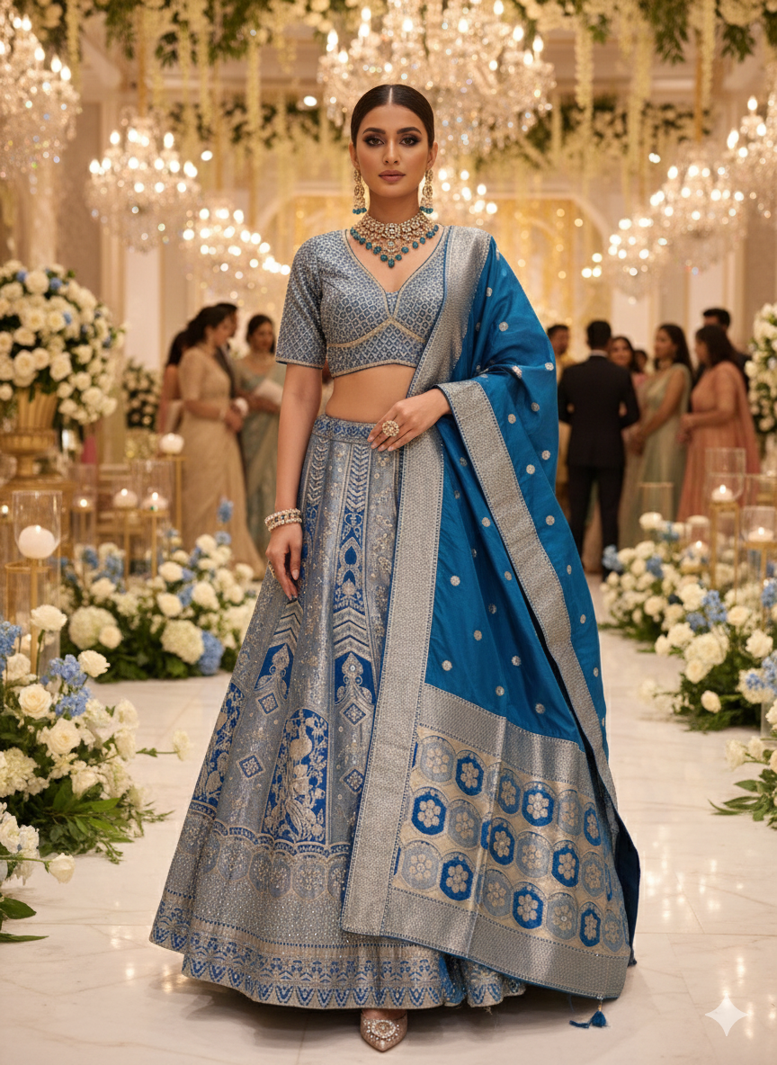 Blue weaving siroski lehenga