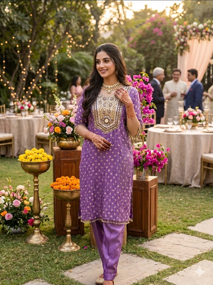 Purple mirror work choga set