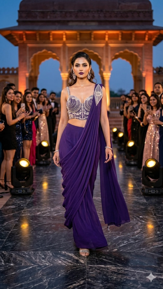 Purple crepe drape saree