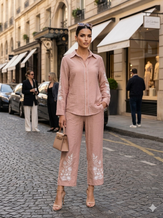 Banana crepe nude pink embroided co-ord set
