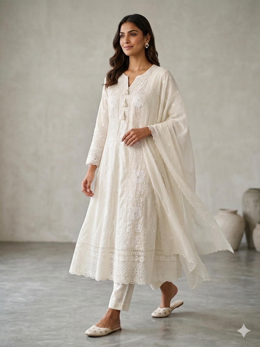 Off white threadwork anarkali suit