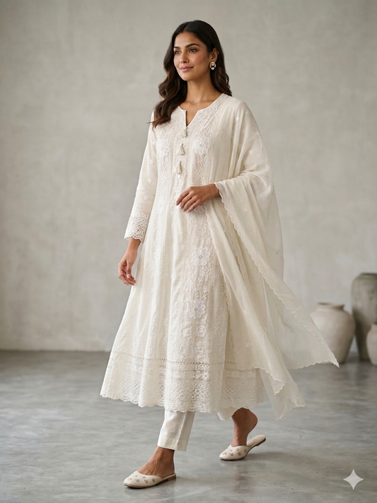Off white threadwork anarkali suit