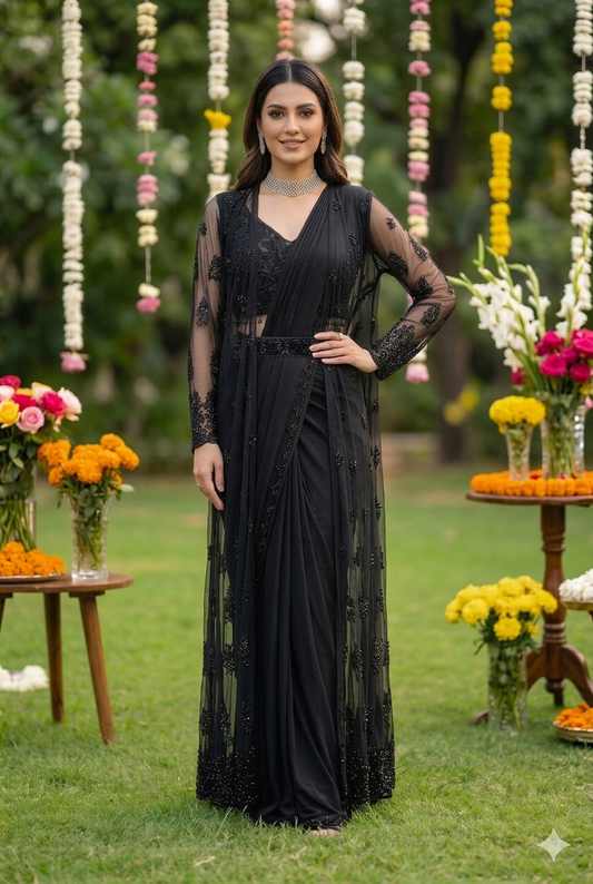 Black drape long jacket saree