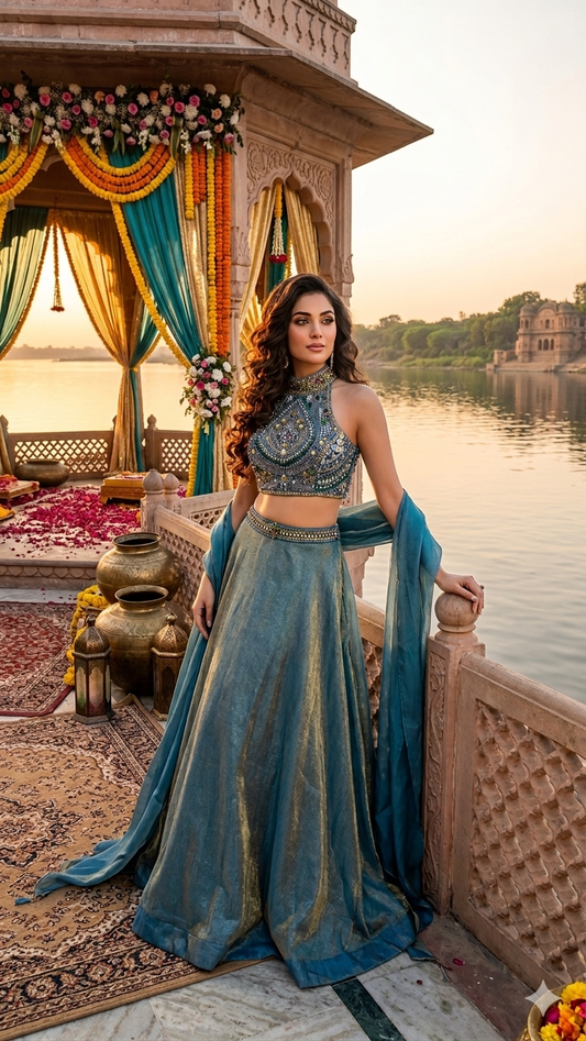 Jewellery work halter neck lehenga set