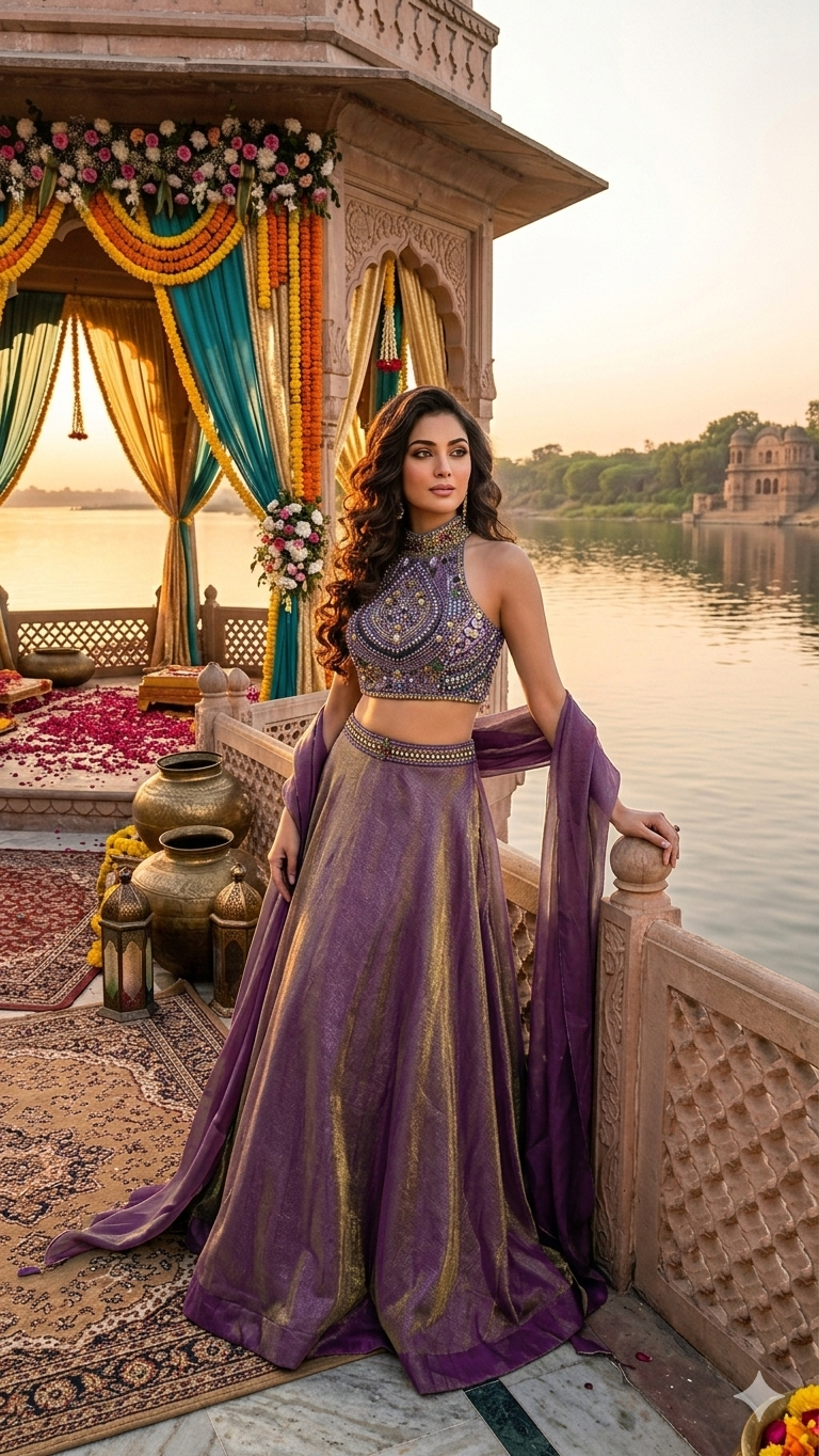 Jewellery work halter neck  lehenga set