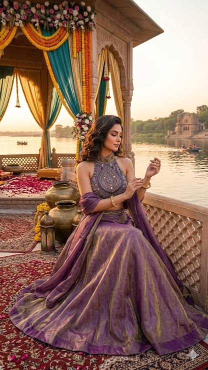 Jewellery work halter neck  lehenga set