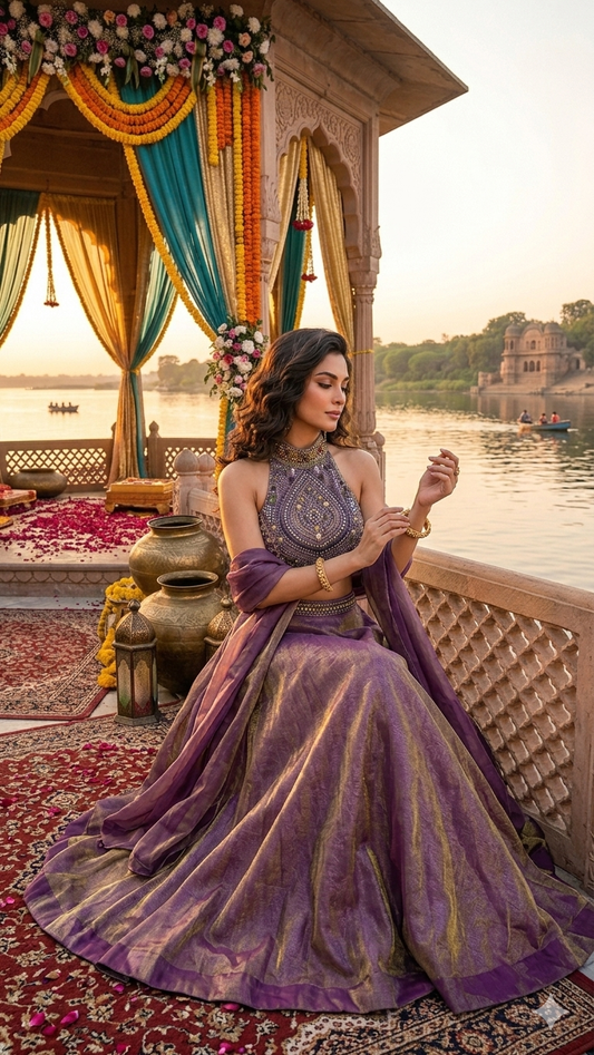 Jewellery work halter neck  lehenga set