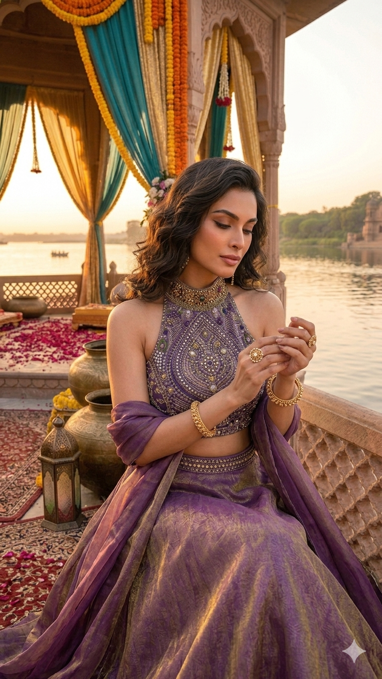 Jewellery work halter neck  lehenga set
