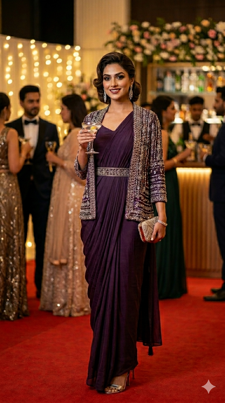 Wine drape gown with jacket