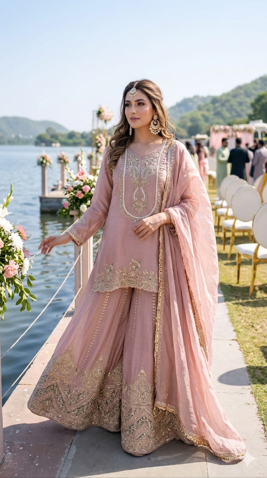 Onion pink organza sharara suit