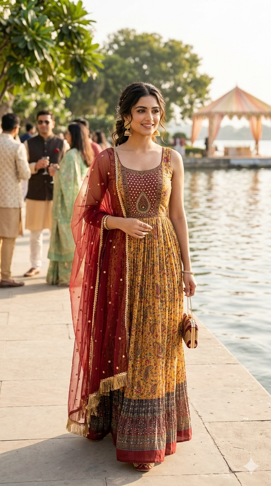 Printed maxi gown with dupatta
