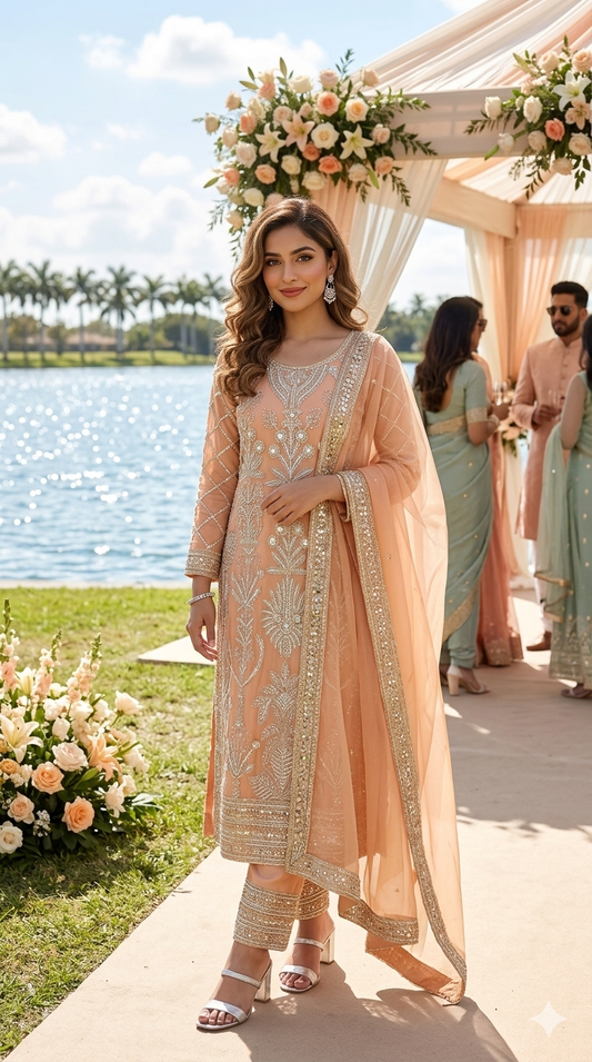 Organza embroided staright cut suit
