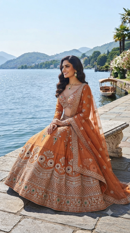 Jewel work rust orange lehenga set