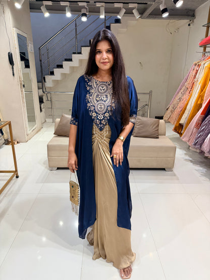 Blue cape indowestern satin silk dress