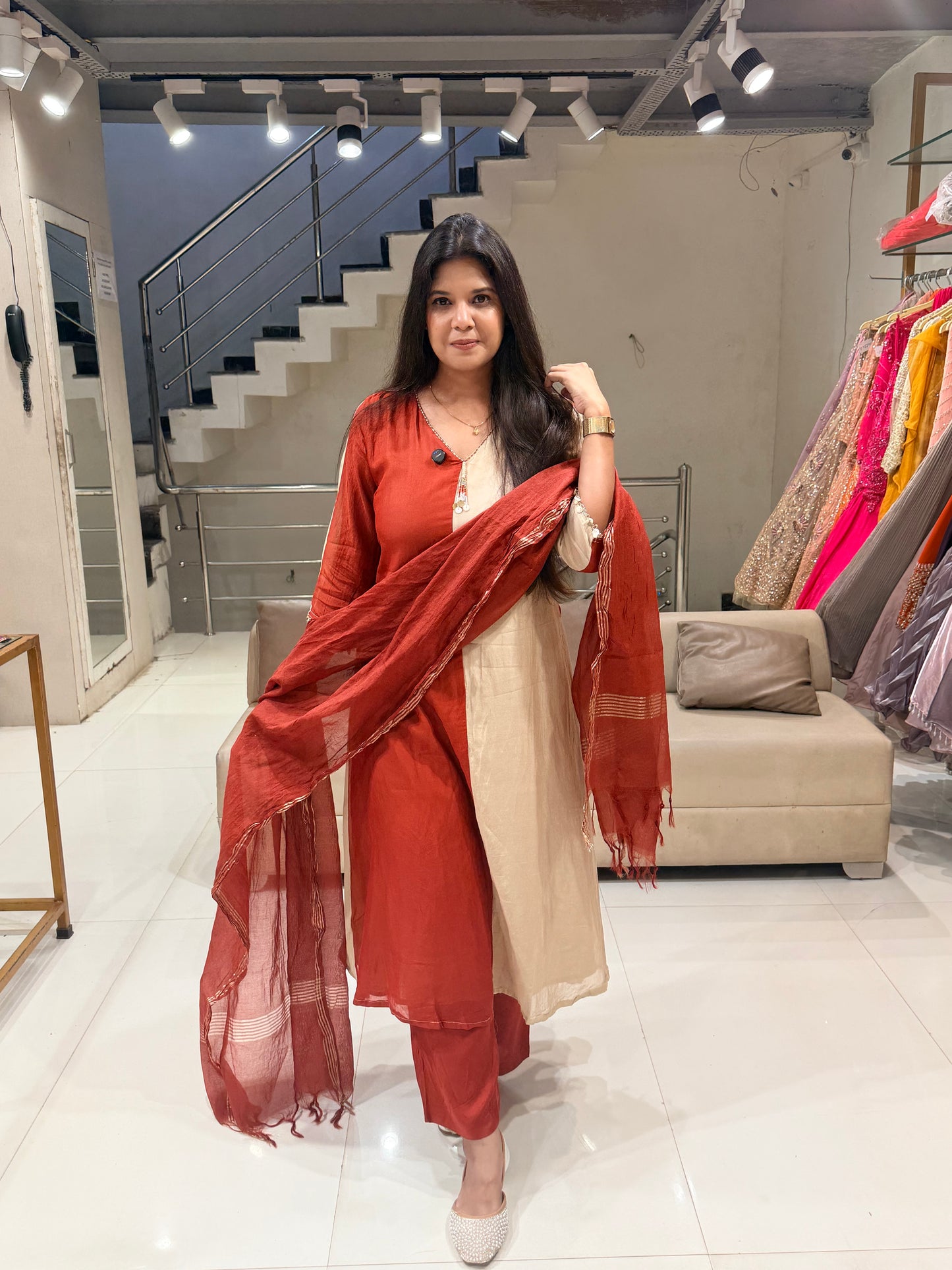Mull chanderi half n half a line suit