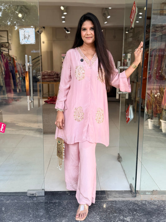 Baggy nude pink crepe embellished co-ord set