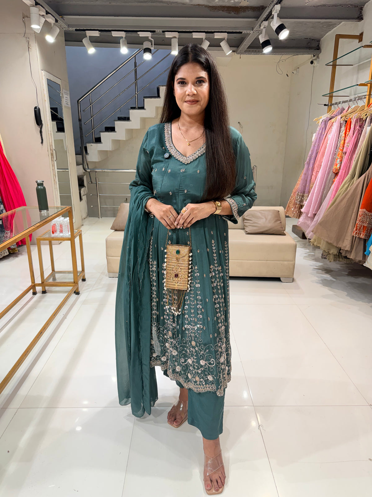 Chinon embroidered anarkali suit