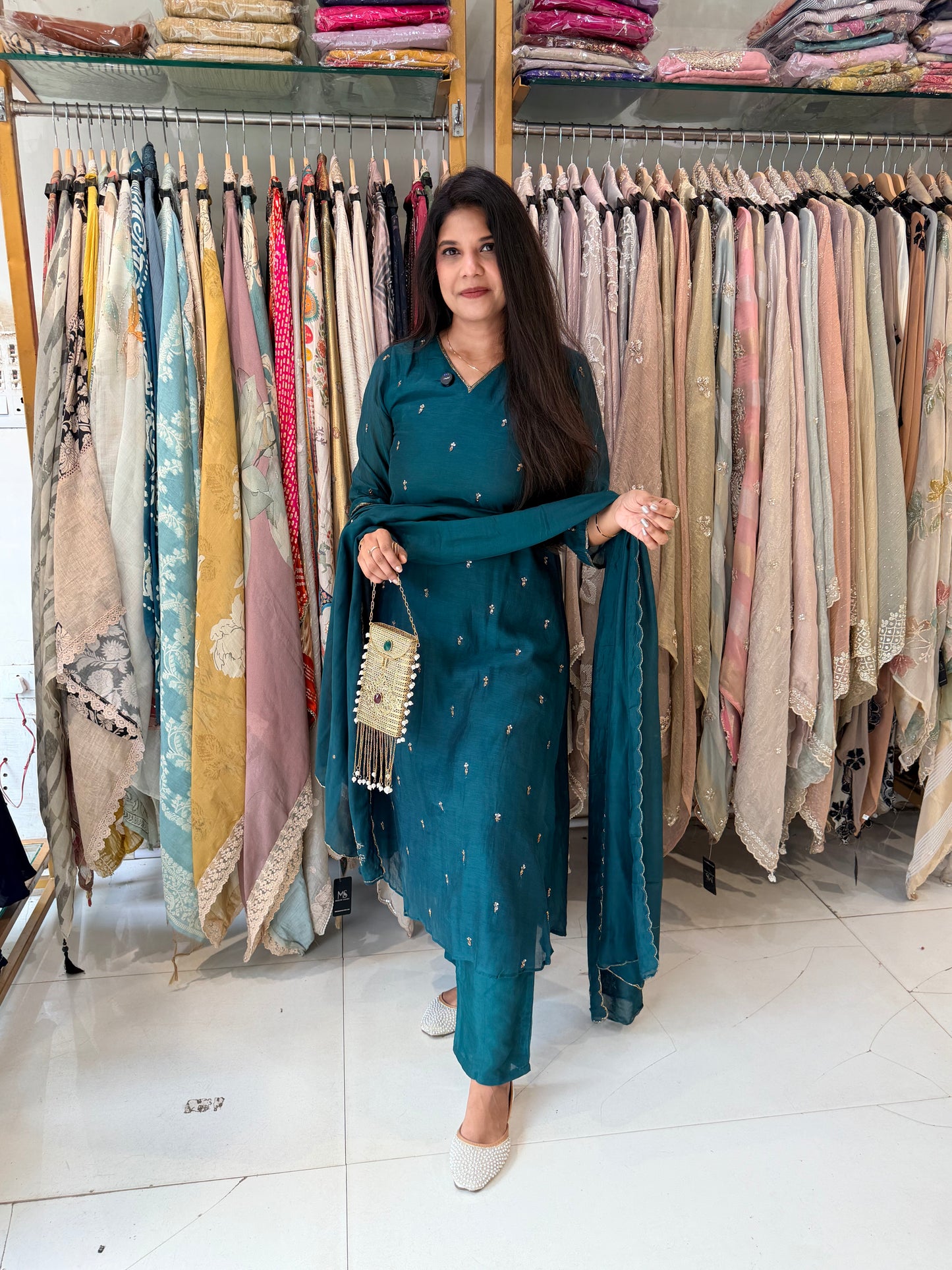 Mull chanderi a line suit