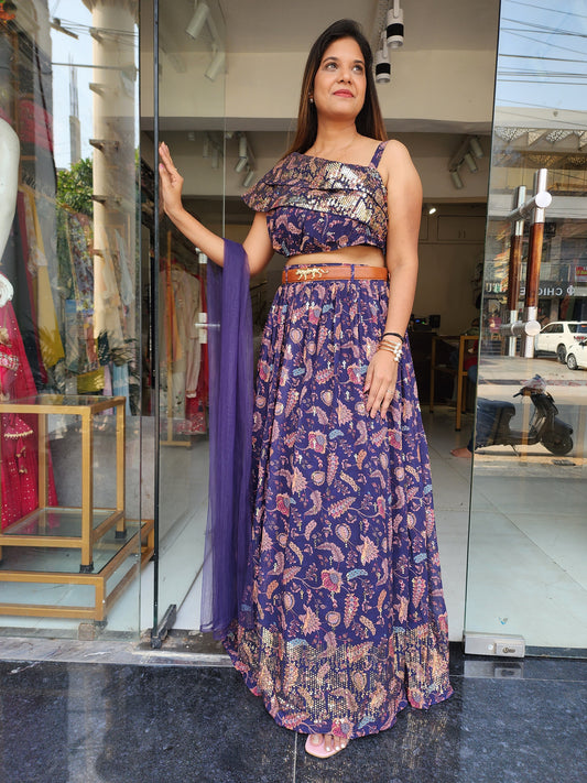 BLUE FLORAL PRINT ONE SIDE STEP LEHENGA