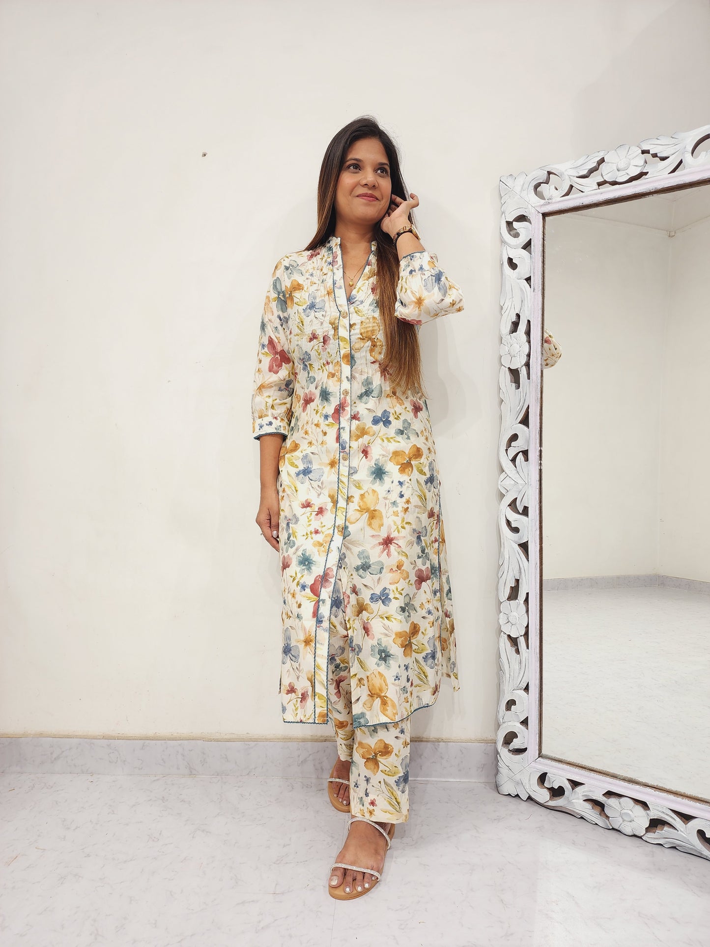 CREAM WHITE FLORAL SEQUENCE PANT SUIT