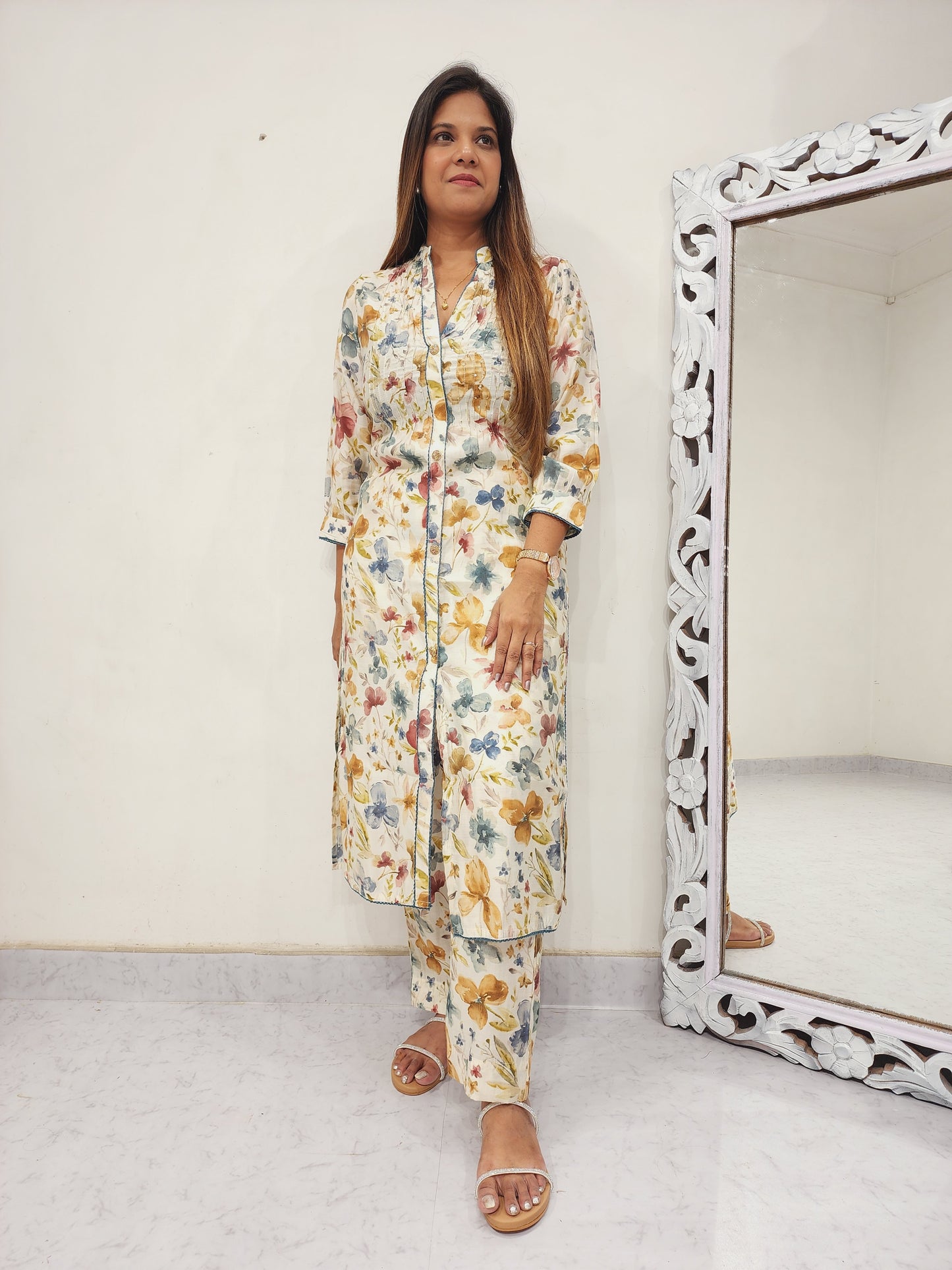 CREAM WHITE FLORAL SEQUENCE PANT SUIT