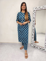 INARA TEAL BLUE COTTON PRINTED SUIT