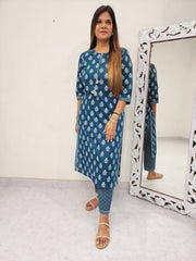 INARA TEAL BLUE COTTON PRINTED SUIT