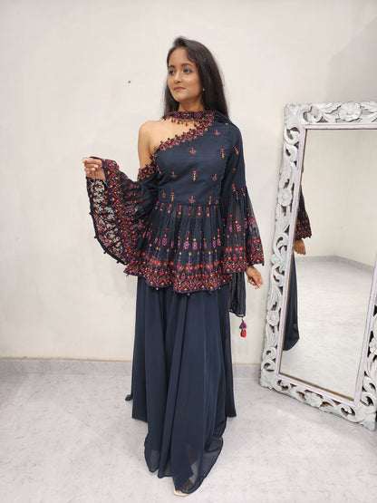 DARK BLUE KAREENA BELL SLEEVES PEPLUM GARARA DRESS