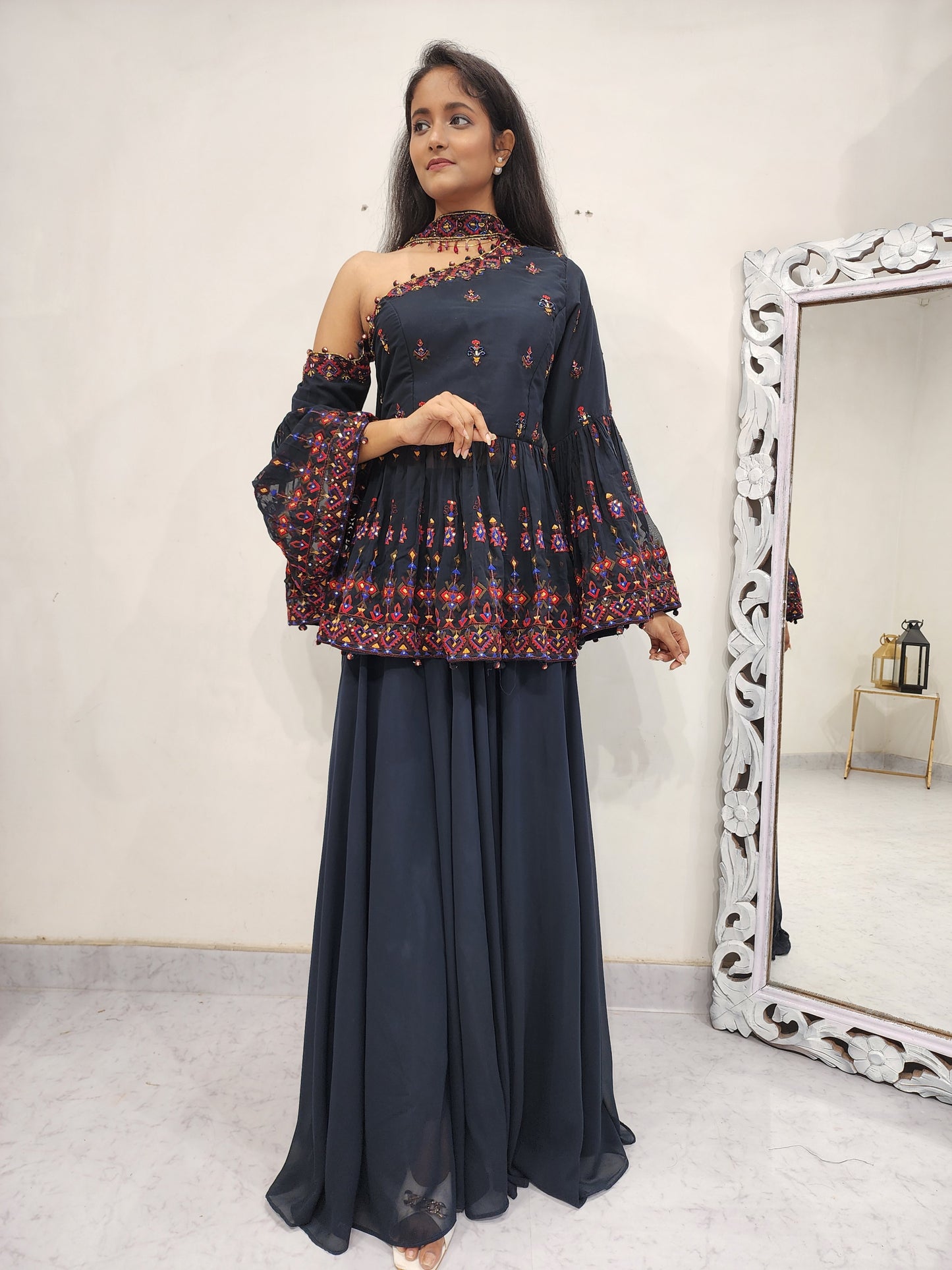 DARK BLUE KAREENA BELL SLEEVES PEPLUM GARARA DRESS