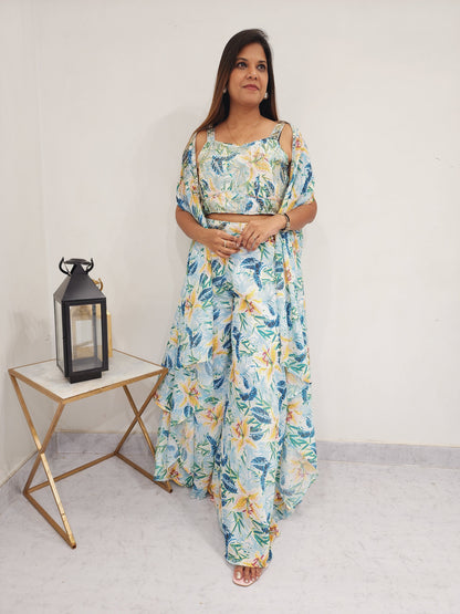 Mahira mint blue floral indowestern dress