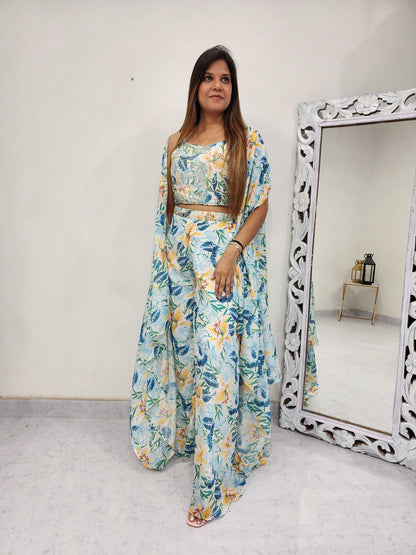 Mahira mint blue floral indowestern dress