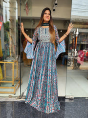 GREEN BELL SLEEVES PRINTED GEORGETTE MAXI GOWN