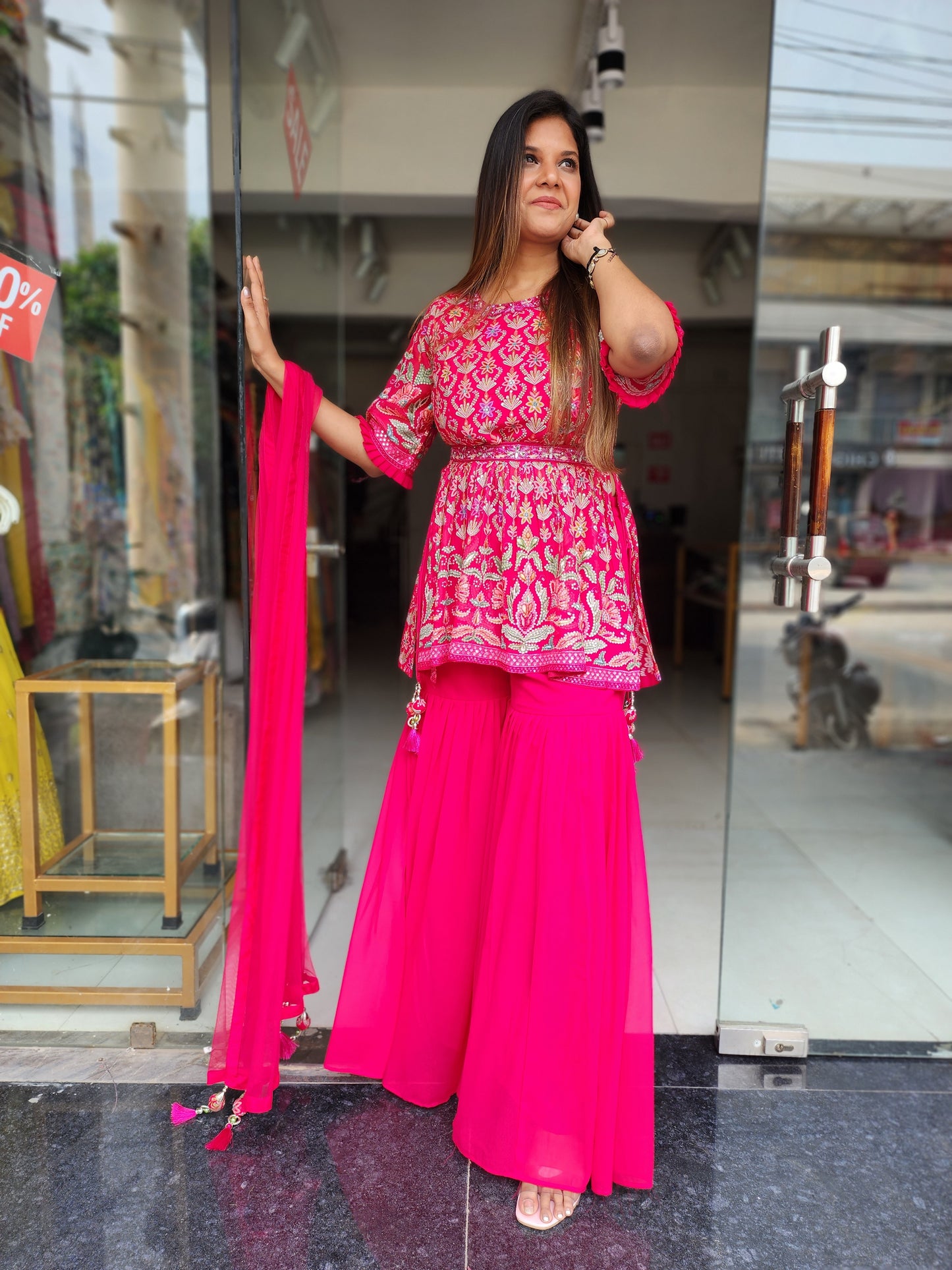 HAZEL HOTPINK THREADWORK  GARARA SUIT WITH BELT