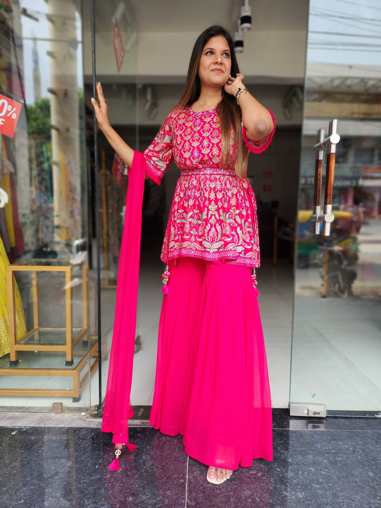 HAZEL HOTPINK THREADWORK  GARARA SUIT WITH BELT