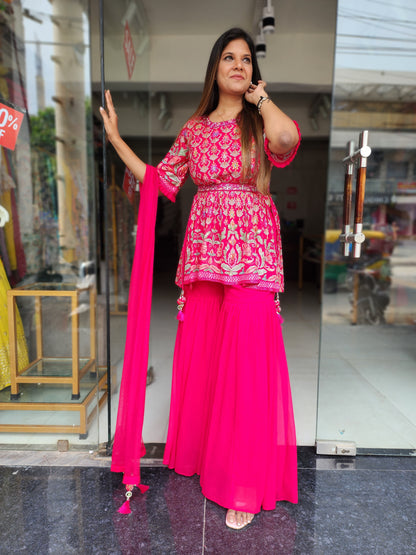 HAZEL HOTPINK THREADWORK  GARARA SUIT WITH BELT