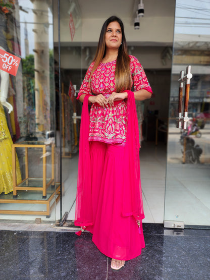 HAZEL HOTPINK THREADWORK  GARARA SUIT WITH BELT