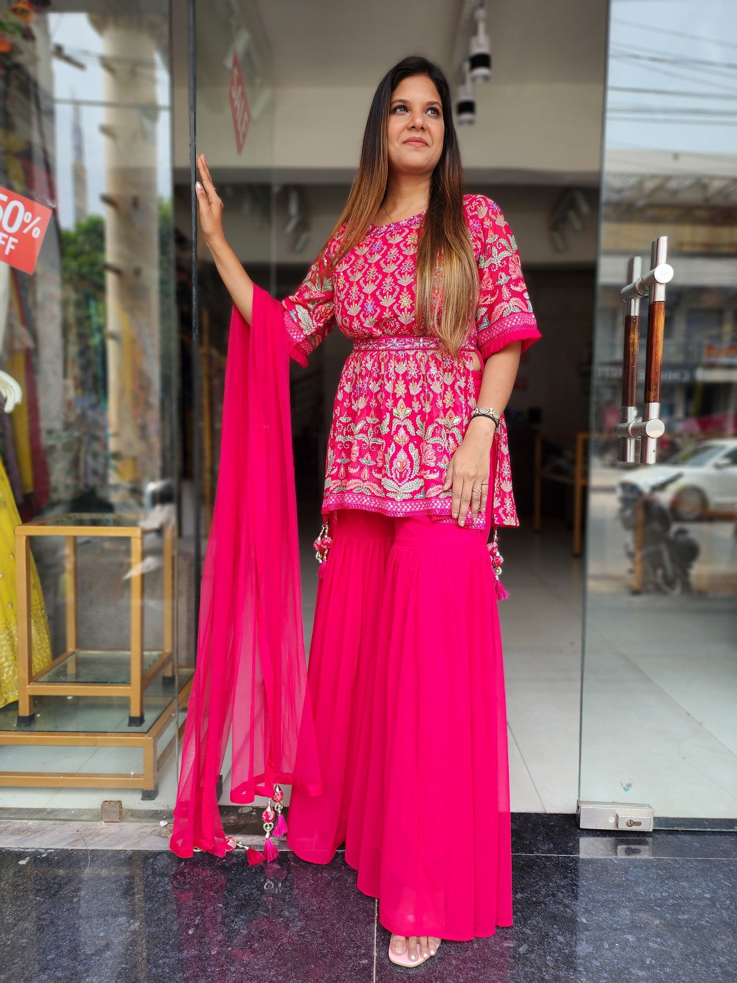 HAZEL HOTPINK THREADWORK  GARARA SUIT WITH BELT