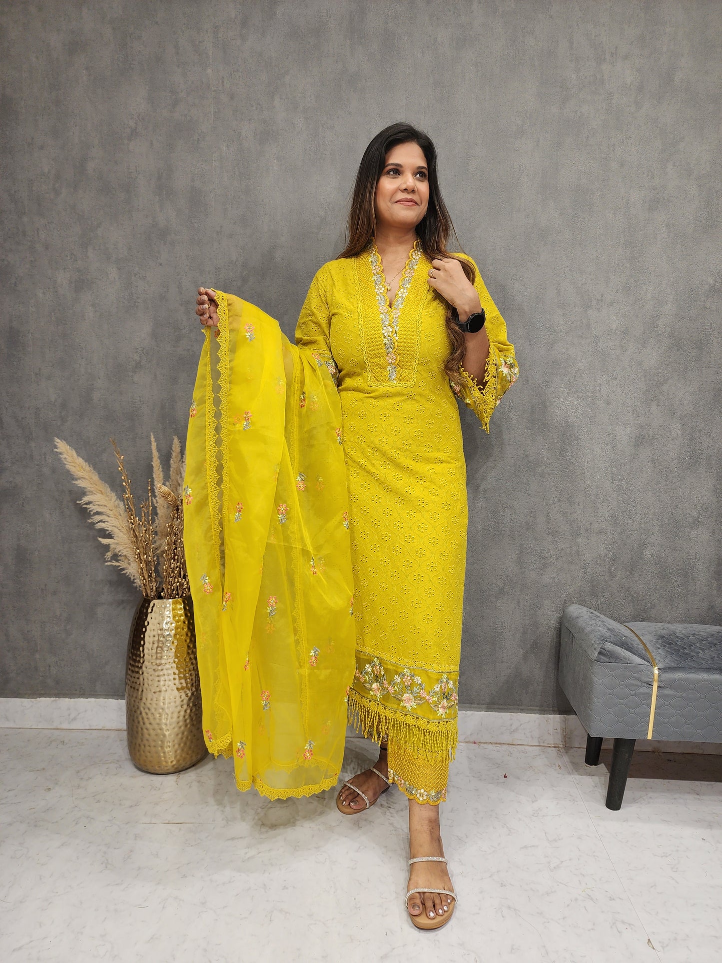 HINA PAKISTANI EMBROIDED YELLOW SCHIFFLY SUIT WITH ORGANZA DUPATTA