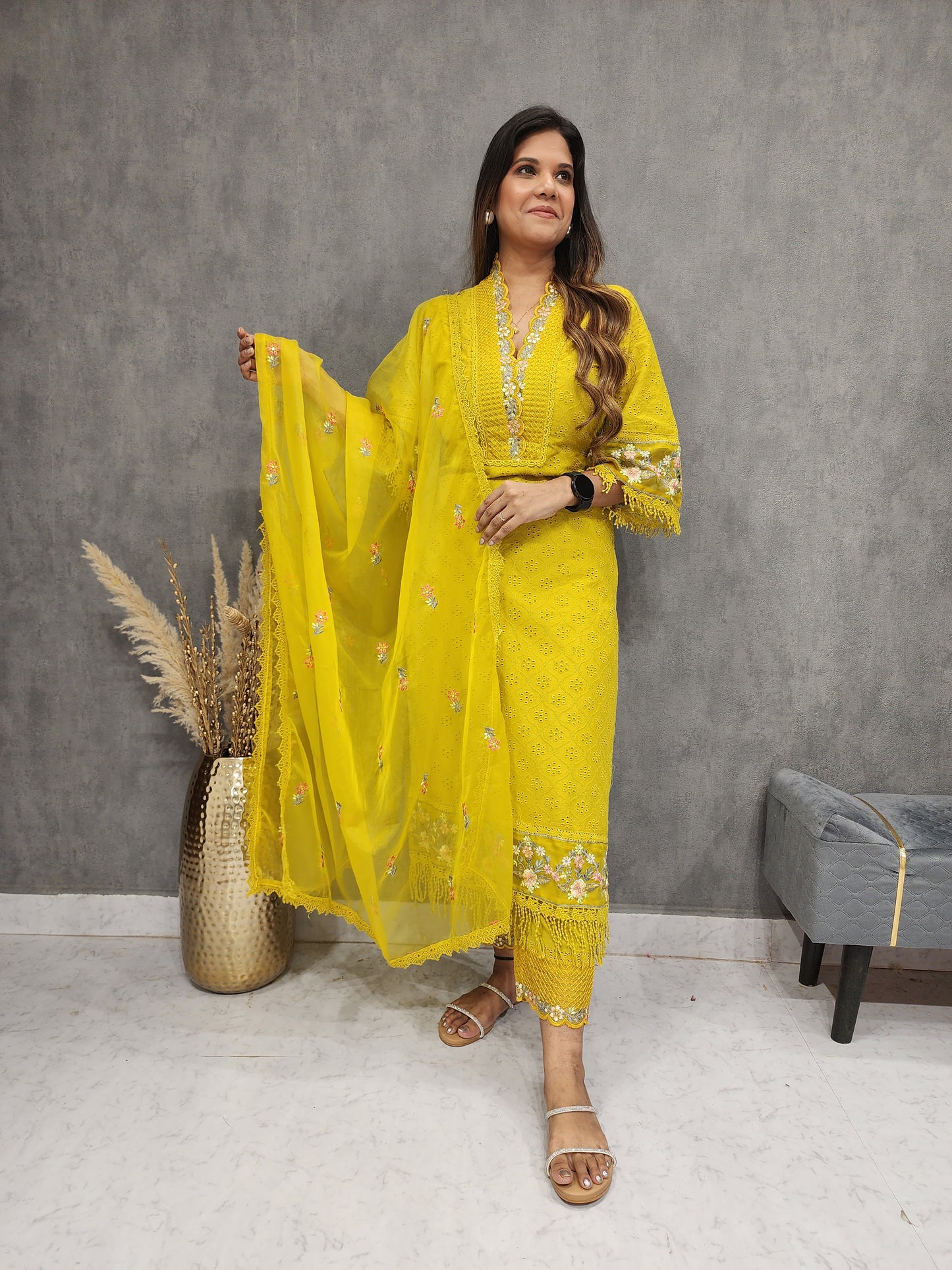 HINA PAKISTANI EMBROIDED YELLOW SCHIFFLY SUIT WITH ORGANZA DUPATTA