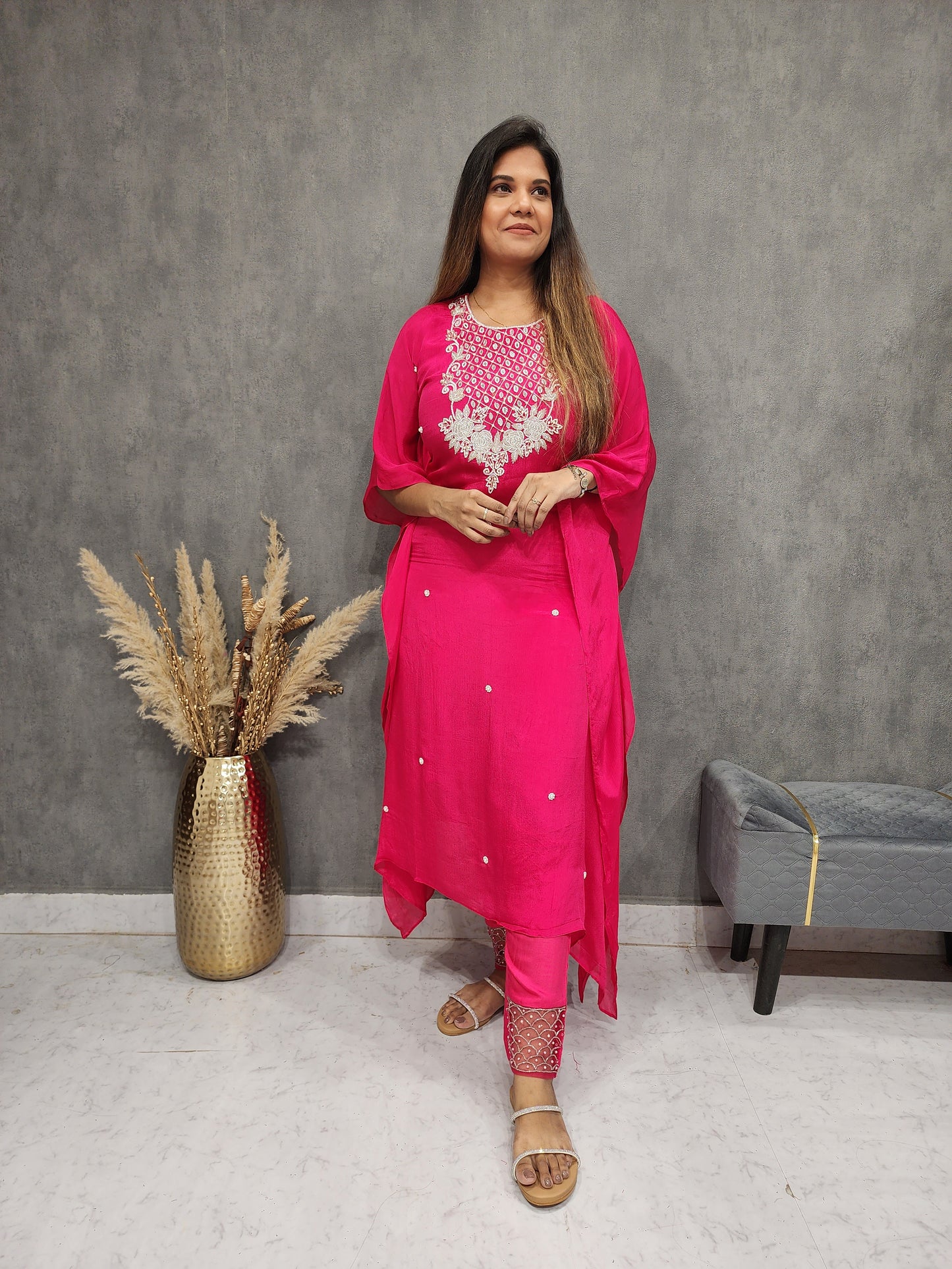 CHERRY PINK EMBROIDED KAFTAAN PANT SUIT