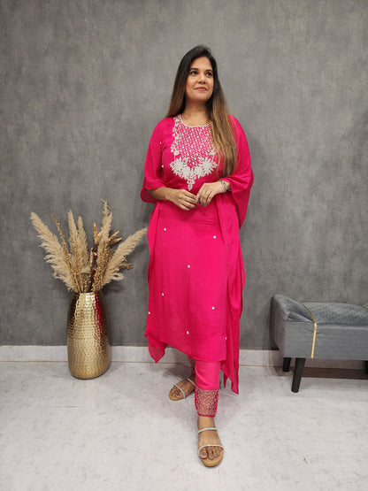 CHERRY PINK EMBROIDED KAFTAAN PANT SUIT