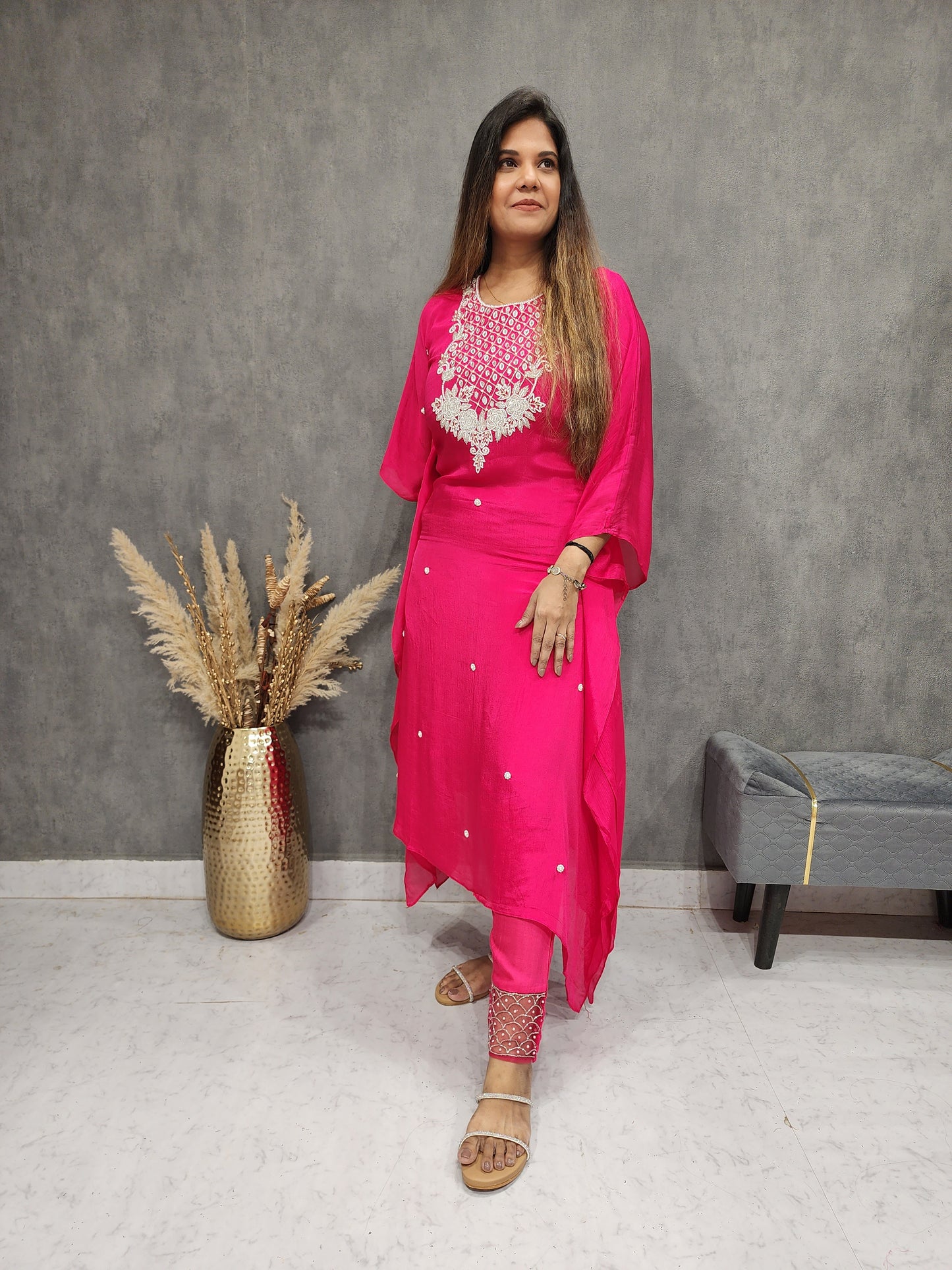 CHERRY PINK EMBROIDED KAFTAAN PANT SUIT