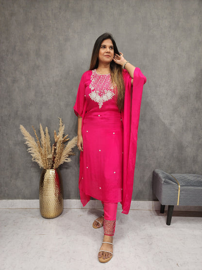 CHERRY PINK EMBROIDED KAFTAAN PANT SUIT