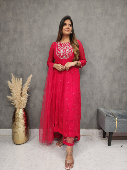 PREET HIGH LOW CHERRY EMBROIDERED SUIT WITH DUPATTA