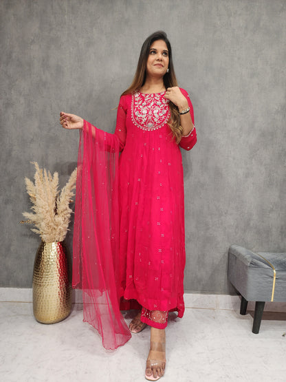 PREET HIGH LOW CHERRY EMBROIDERED SUIT WITH DUPATTA