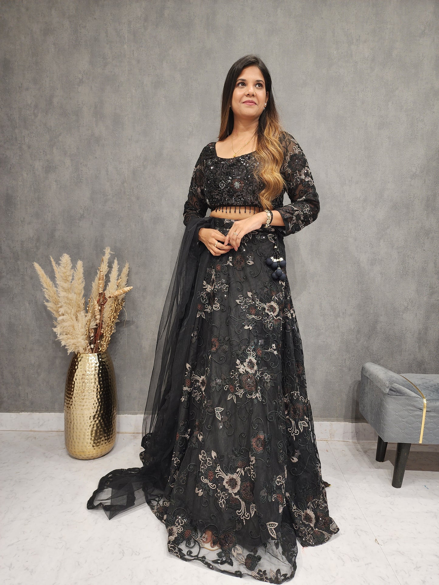 DEEPIKA BLACK SEQUENCE EMBROIDED NET LEHENGA