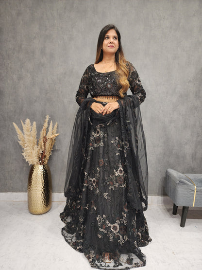 DEEPIKA BLACK SEQUENCE EMBROIDED NET LEHENGA