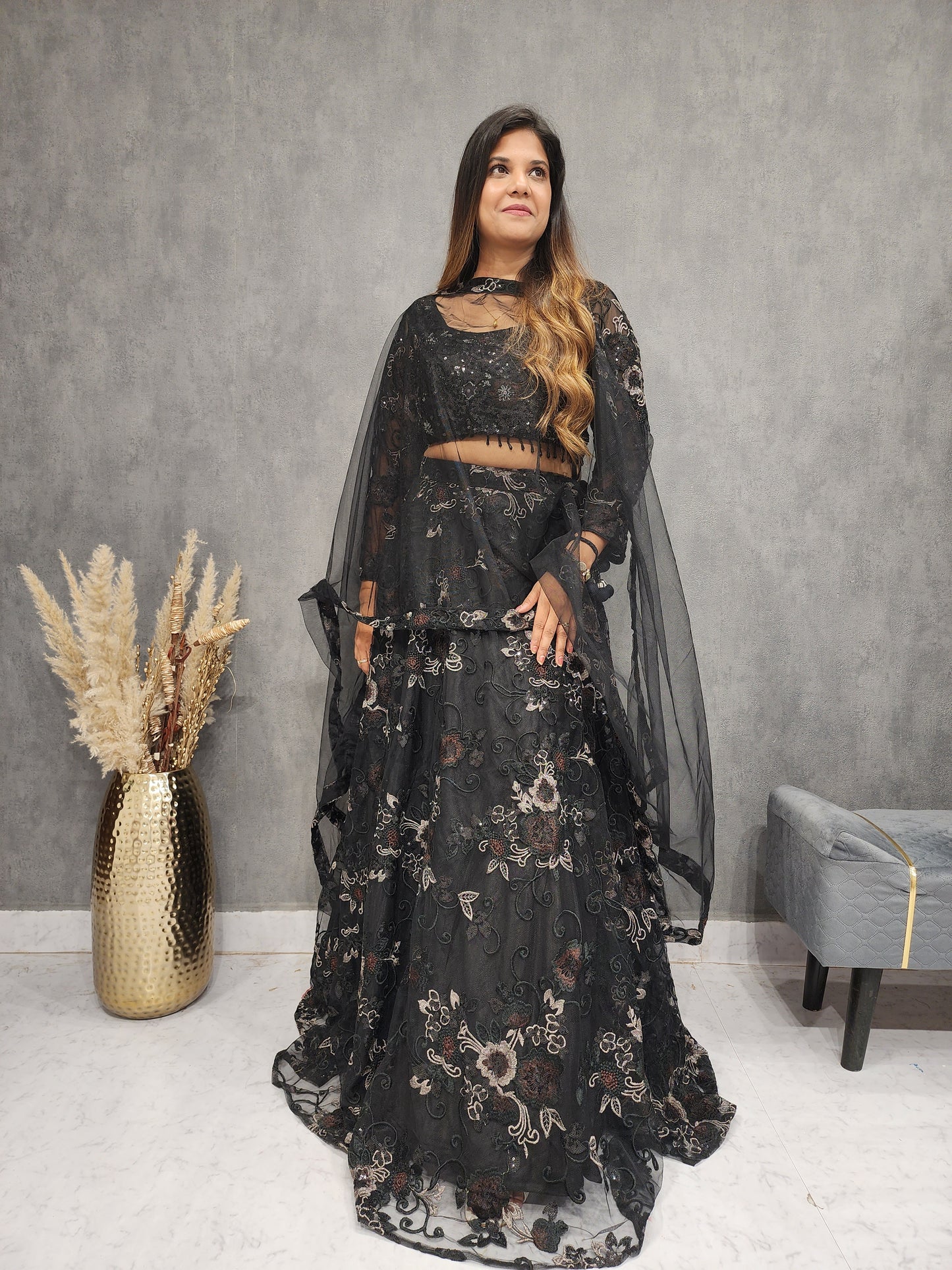 DEEPIKA BLACK SEQUENCE EMBROIDED NET LEHENGA